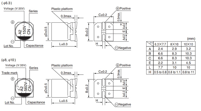 Mechanical Drawing - Nichicon UCN Long Life Aluminum Electrolytic Capacitors